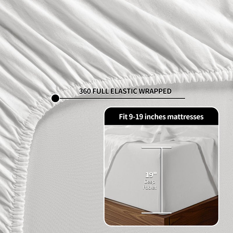 LBRO2M 100% Linen Sheet Set 19"" Deep Pocket Queen Size,Bed Sheets 4 Piece Sets,Solid Color Natural Flax Bed Sheets Soft Breathable Bedding, All Season (Queen, White) - Image 2